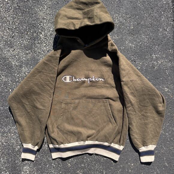 Vintage Champion Reverse Weave Hoodie Mens Medium Brown Embroidered Spellout USA - Picture 1 of 7